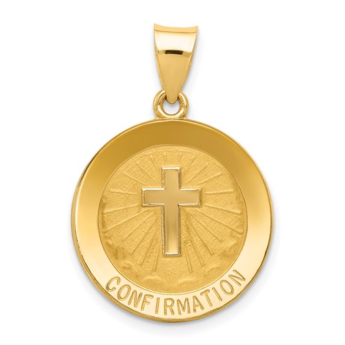 14K Yellow Gold Polished and Satin Hollow Confirmation Pendant with Cross Medal Round