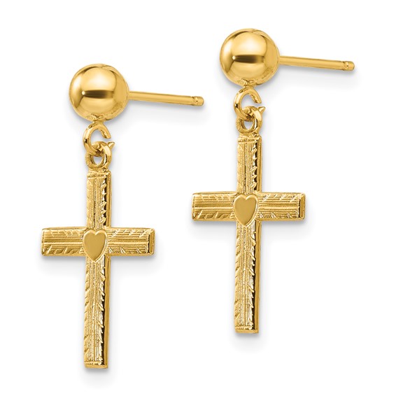 14k Polished and Satin Heart Cross Dangle Post Earrings
