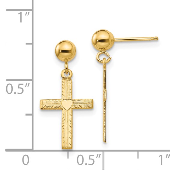 14k Polished and Satin Heart Cross Dangle Post Earrings