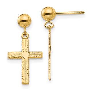 14k Polished and Satin Heart Cross Dangle Post Earrings