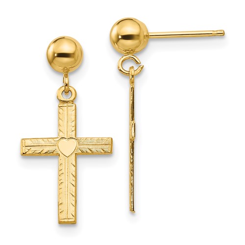 14k Polished and Satin Heart Cross Dangle Post Earrings