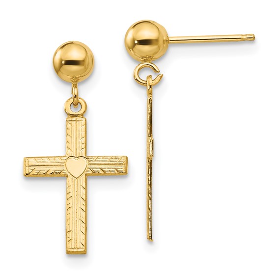 14k Polished and Satin Heart Cross Dangle Post Earrings