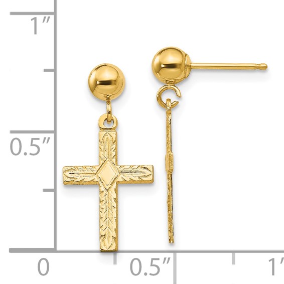14k Polished and Textured Cross Dangle Post Earrings