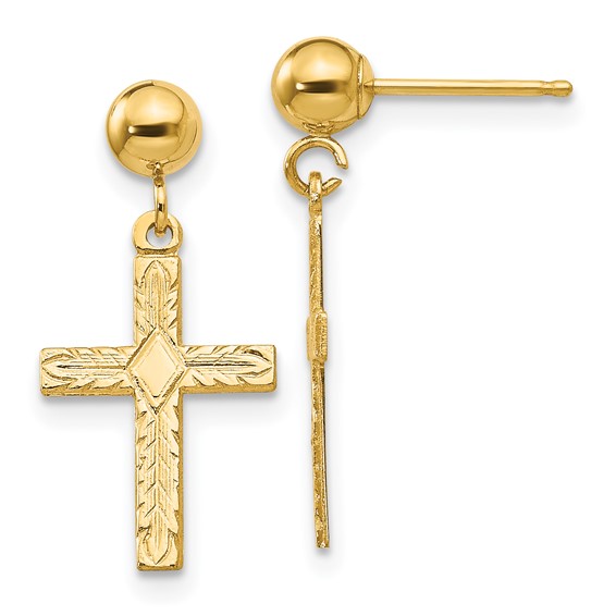 14k Polished and Textured Cross Dangle Post Earrings