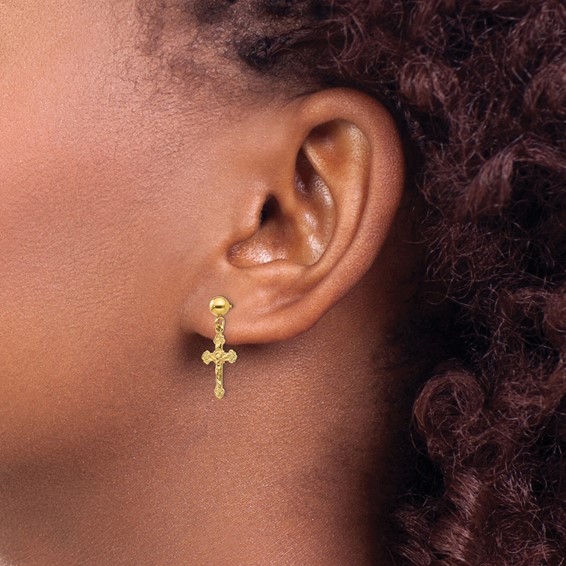 14k Polished Crucifix Dangle Post Earrings