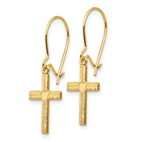 14k Polished and Satin Heart Cross Kidney Wire Earrings