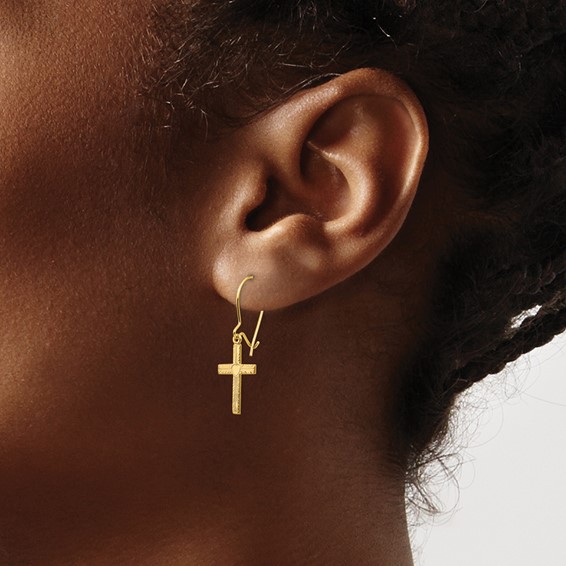 14k Polished and Satin Heart Cross Kidney Wire Earrings
