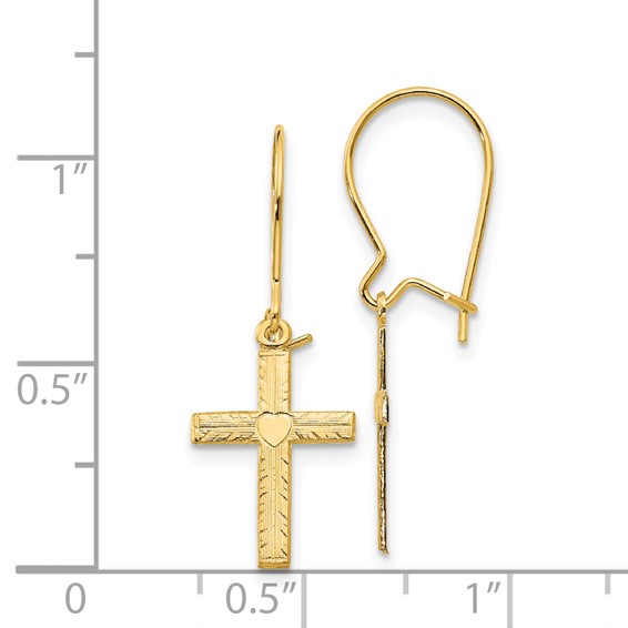 14k Polished and Satin Heart Cross Kidney Wire Earrings