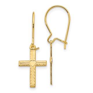 14k Polished and Satin Heart Cross Kidney Wire Earrings