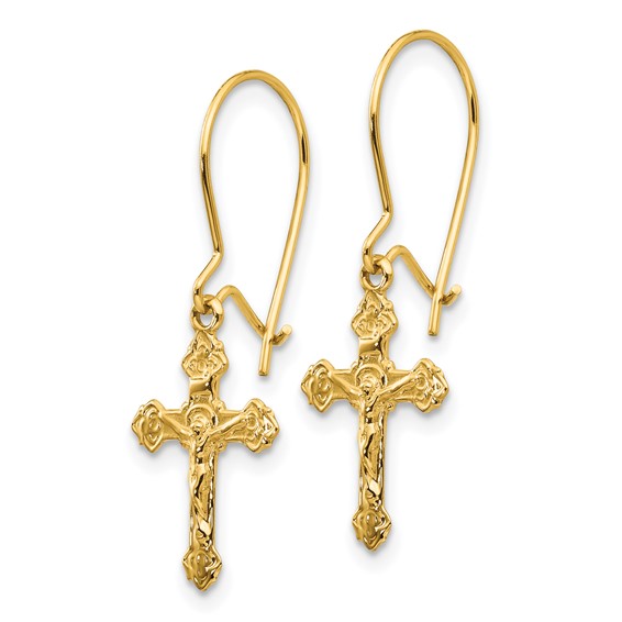 14k Polished Crucifix Dangle Kidney Wire Earrings