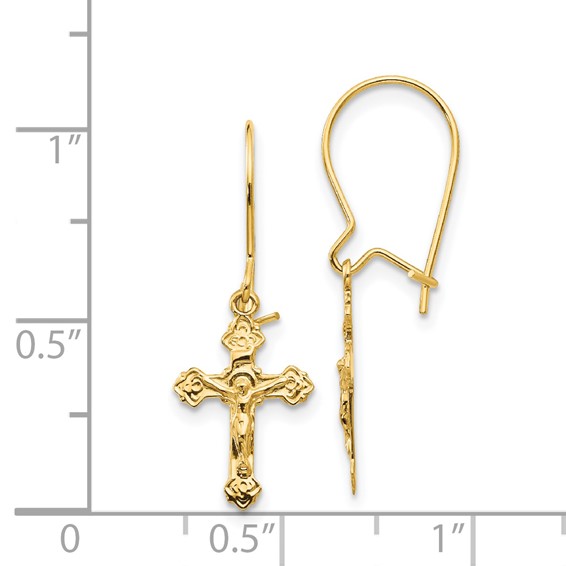 14k Polished Crucifix Dangle Kidney Wire Earrings