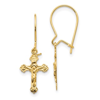 14k Polished Crucifix Dangle Kidney Wire Earrings