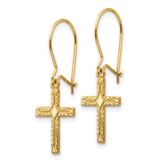 14k Polished and Satin Cross Kidney Wire Earrings