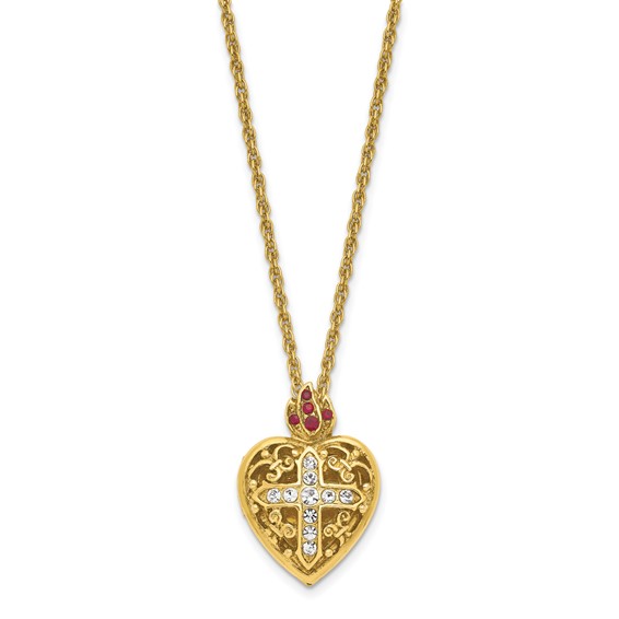 SOF Gold-tone 18in Red and Clear Crystal Sacred Heart Cross Locket Necklace