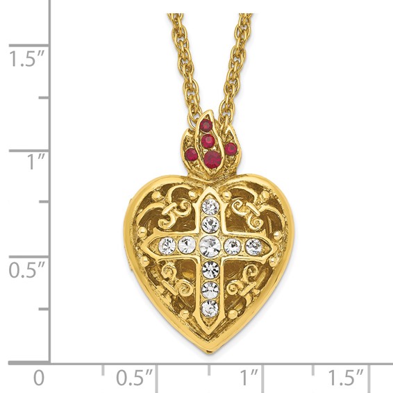 SOF Gold-tone 18in Red and Clear Crystal Sacred Heart Cross Locket Necklace