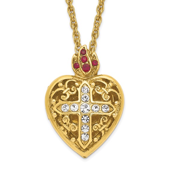 SOF Gold-tone 18in Red and Clear Crystal Sacred Heart Cross Locket Necklace