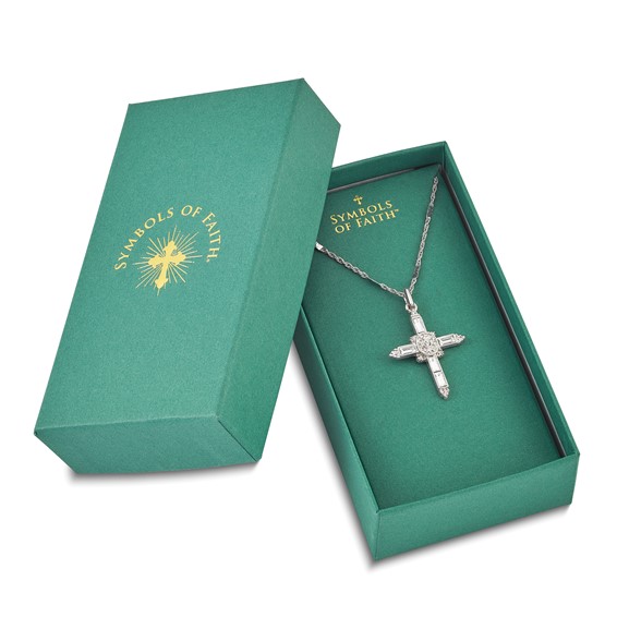 Symbols of Faith Silver-tone Ornate Center with Clear Crystal Accent and Baguette-cut Crystals Cross 18 inch Necklace