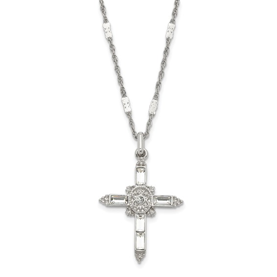 Symbols of Faith Silver-tone Ornate Center with Clear Crystal Accent and Baguette-cut Crystals Cross 18 inch Necklace