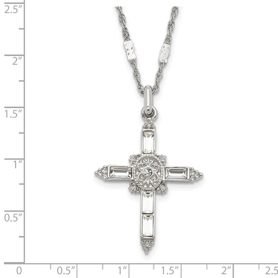 Symbols of Faith Silver-tone Ornate Center with Clear Crystal Accent and Baguette-cut Crystals Cross 18 inch Necklace
