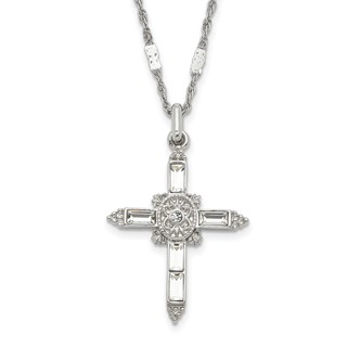 Symbols of Faith Silver-tone Ornate Center with Clear Crystal Accent and Baguette-cut Crystals Cross 18 inch Necklace