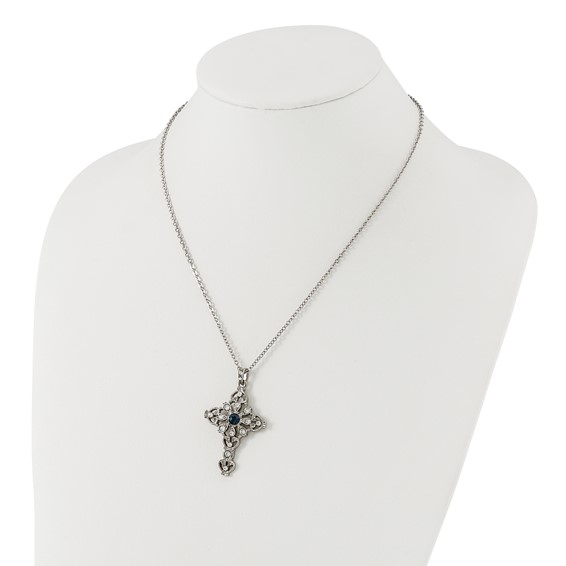 Silver-tone Blue & Clear Crystal 16in w/3in ext Cross Necklace