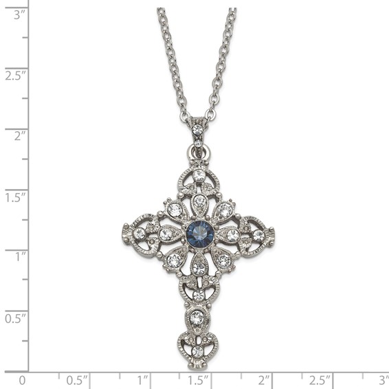 Silver-tone Blue & Clear Crystal 16in w/3in ext Cross Necklace