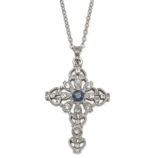 Silver-tone Blue & Clear Crystal 16in w/3in ext Cross Necklace