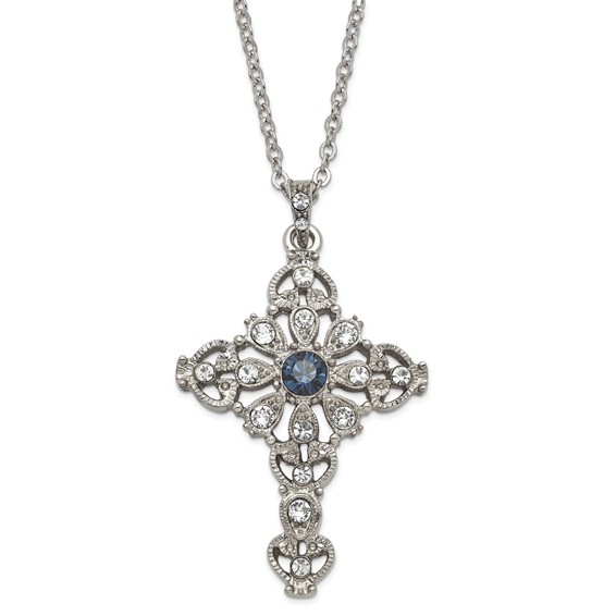Silver-tone Blue & Clear Crystal 16in w/3in ext Cross Necklace
