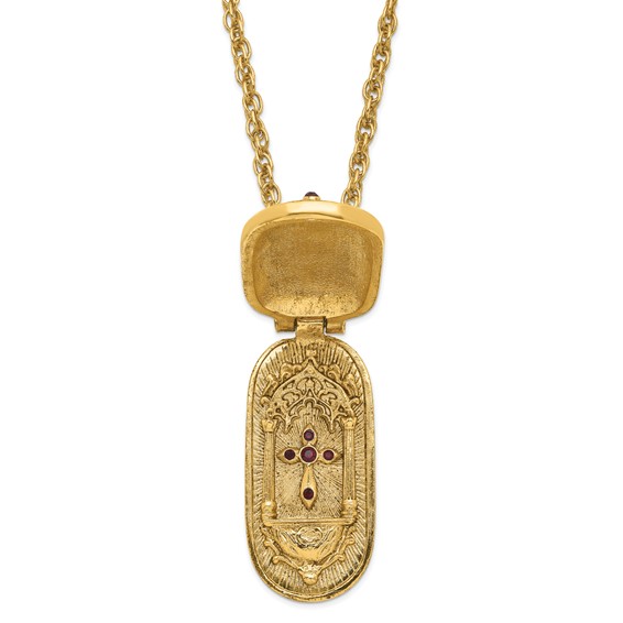 Symbols of Faith Gold-tone Filigree Red Enameled with Red Swarovski Crystal Accent Hidden Cross when Opened 30 inch Necklace