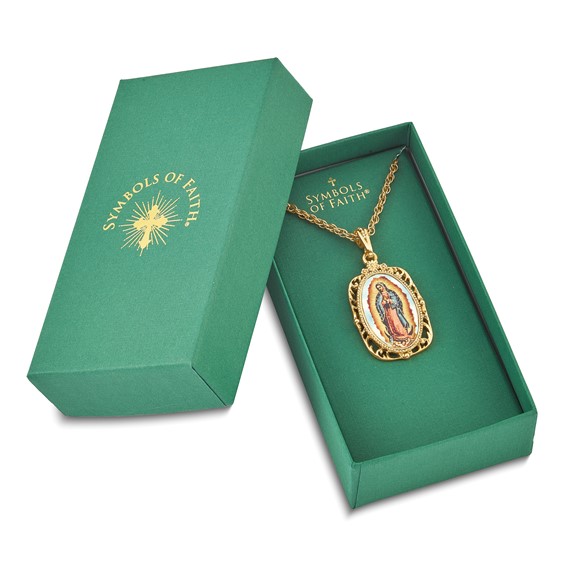 Symbols of Faith Gold-tone Enameled Our Lady of Guadalupe 24 inch Necklace