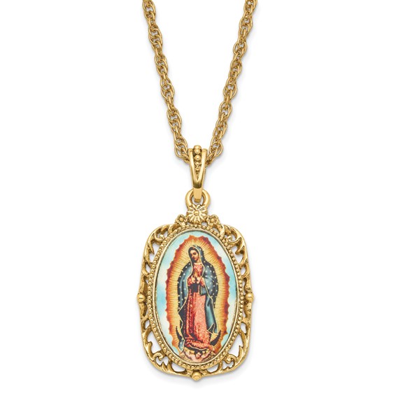 Symbols of Faith Gold-tone Enameled Our Lady of Guadalupe 24 inch Necklace