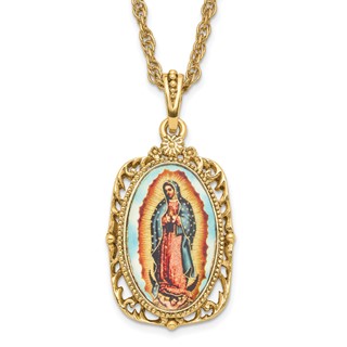 Symbols of Faith Gold-tone Enameled Our Lady of Guadalupe 24 inch Necklace