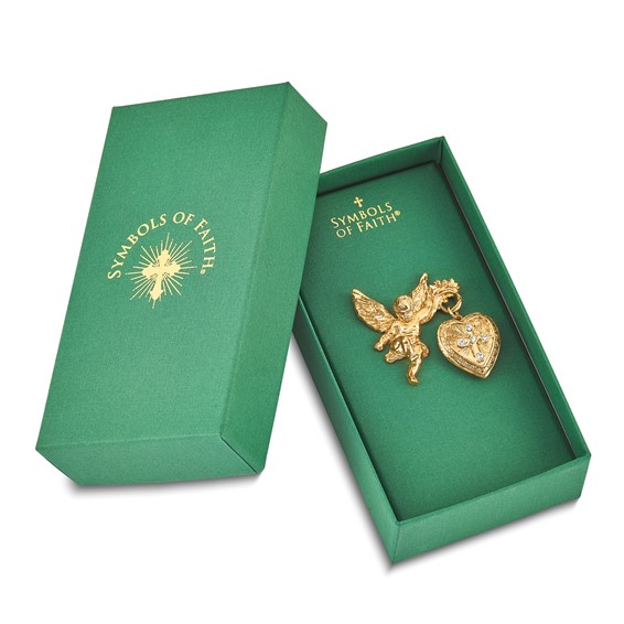Symbols of Faith Gold-tone Angel Holding  20mm Dangle Heart Clear Crystal Cross Locket Pin Brooch Holds 2 Photos