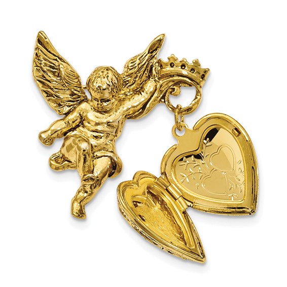 Symbols of Faith Gold-tone Angel Holding  20mm Dangle Heart Clear Crystal Cross Locket Pin Brooch Holds 2 Photos