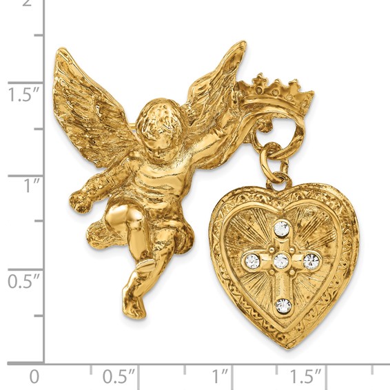 Symbols of Faith Gold-tone Angel Holding  20mm Dangle Heart Clear Crystal Cross Locket Pin Brooch Holds 2 Photos