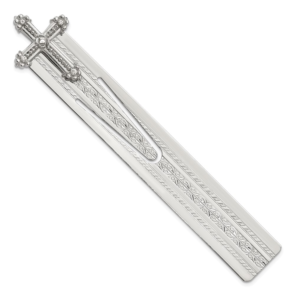 Symbols of Faith Silver-tone Ornate Clear Crystal Cross Bookmark