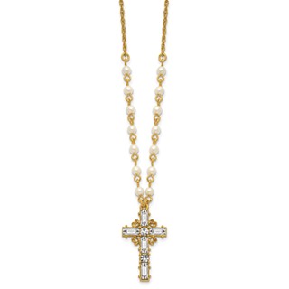 SOF Gold-tone Imitation Pearl Chain and Crystal Cross 20in Necklace