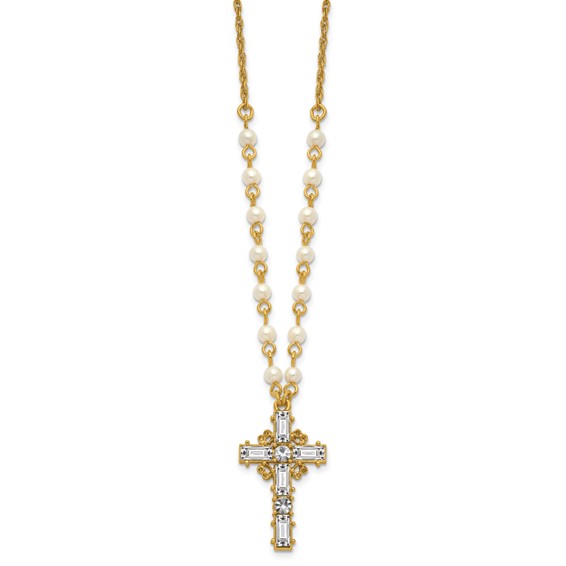 SOF Gold-tone Imitation Pearl Chain and Crystal Cross 20in Necklace