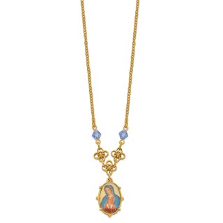 SOF Gold-tone Light Blue Crystal and Enamel Decal Mary16in w/3in ext Neckla