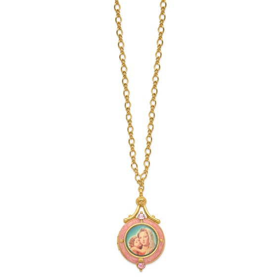 Symbols of Faith Gold-tone Pink Crystal and Pink Enamel Mary and Child 20mm Locket 17.5 inch Necklace Holds 2 Photos