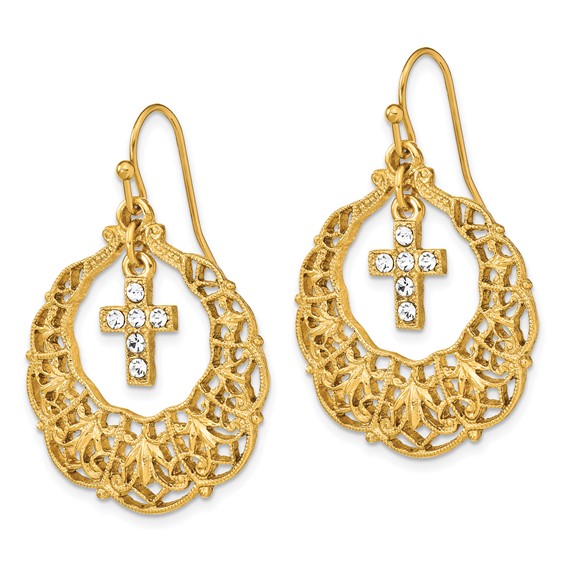 Symbols of Faith Gold-tone Ornate Frame with Clear Crystal Cross Dangle Earrings