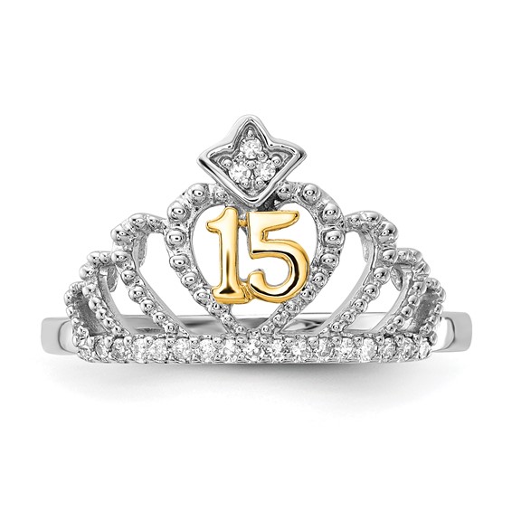10k Two-tone Polished Diamond Quinceanera 15 Crown Ring
