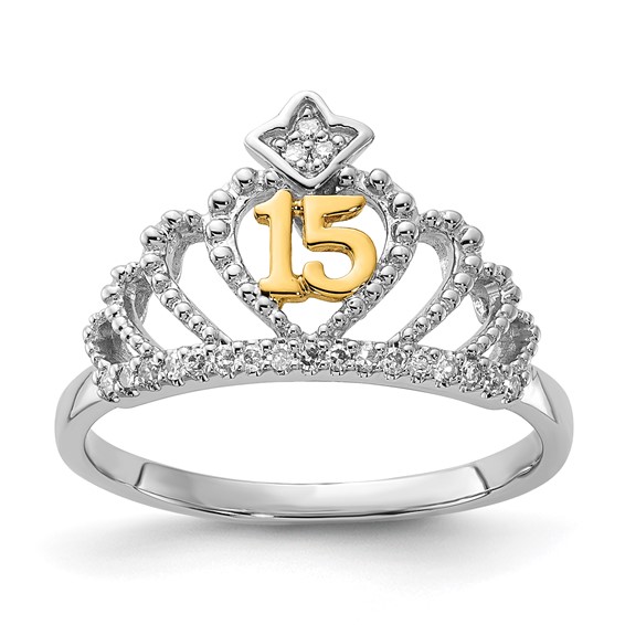 10k Two-tone Polished Diamond Quinceanera 15 Crown Ring