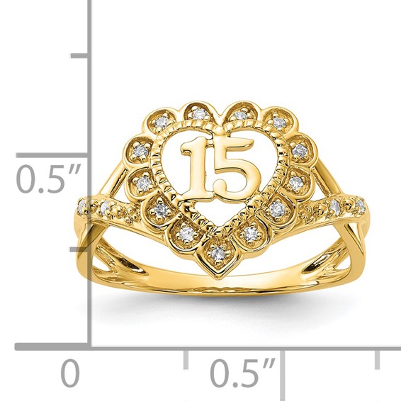10k Yellow Gold Polished Diamond 15 Quinceanera Heart Ring