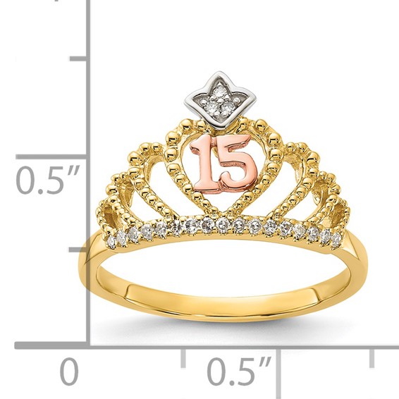 10k Tri-Color Polished & Beaded Diamond 15 Quinceanera Crown Ring
