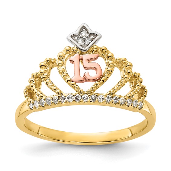 10k Tri-Color Polished & Beaded Diamond 15 Quinceanera Crown Ring