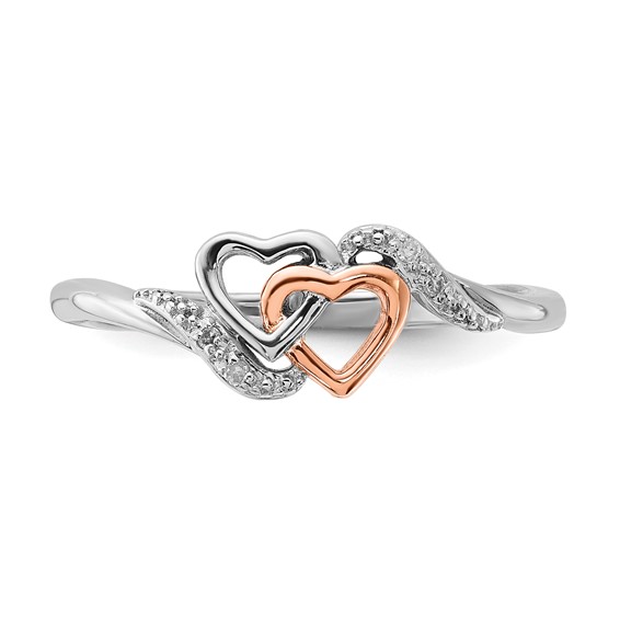 Sterling Silver w/ 10k Rose Accent Polished Diamond Double Heart Ring