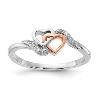 Sterling Silver w/ 10k Rose Accent Polished Diamond Double Heart Ring