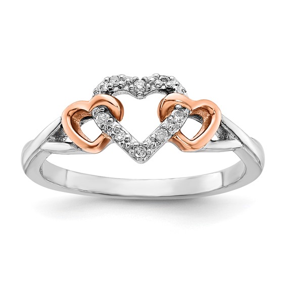 Sterling Silver w/ 10k Rose Accent Polished Diamond Triple Heart Ring