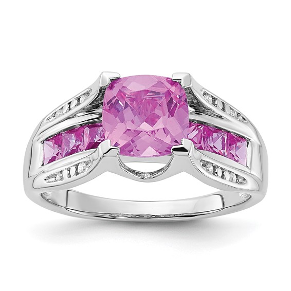 Sterling Silver CR Pink Sapphire & Diamond Ring